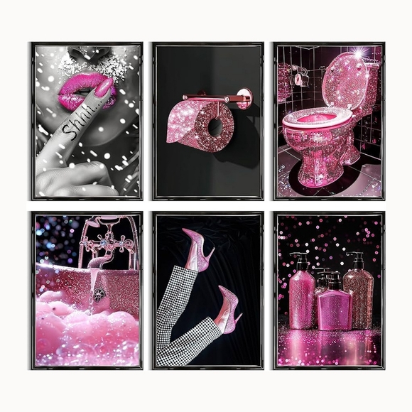 Pink glitter Art Print  Color Pop Art Bathroom Wall Decor Set unframed (6) - Picture 1 of 7